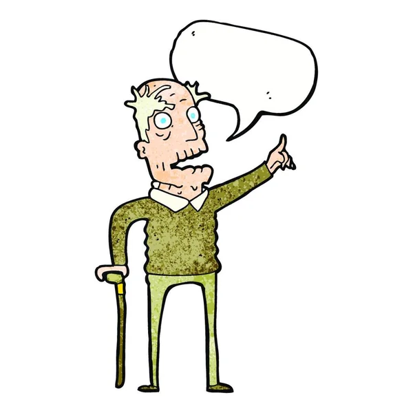 Cartoon Oude Man Met Wandelstok Met Spraakbel — Stockvector