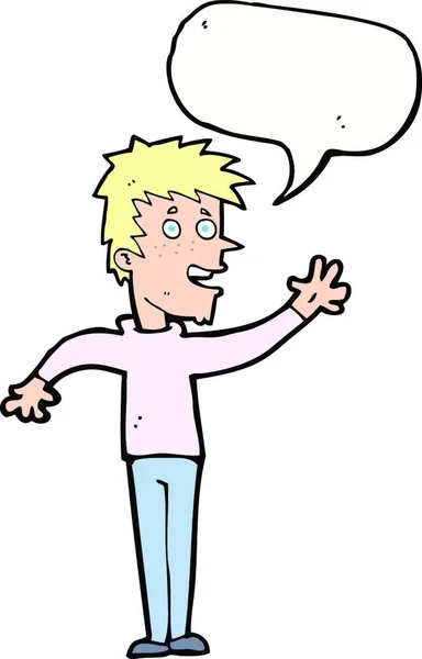 Karikatur Glücklicher Junge Winkt Mit Sprechblase — Stockvektor