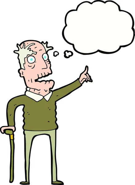 Cartoon Oude Man Met Wandelstok Met Gedachte Zeepbel — Stockvector