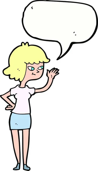 Cartoon Friendly Girl Waving Speech Bubble — Stock Vector