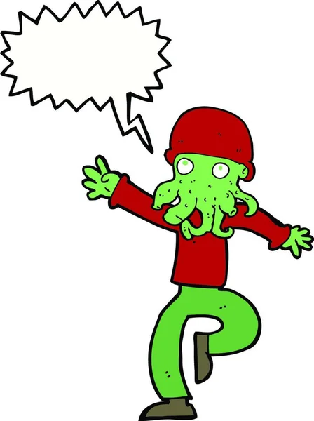 Cartoon Alien Monster Man Met Spraak Zeepbel — Stockvector