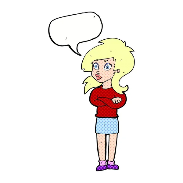 卡通女人交叉着双臂与讲话泡泡 — 图库矢量图片