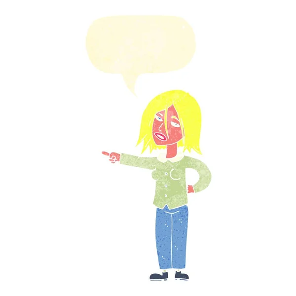 Dibujos Animados Mujer Apuntando Con Habla Burbuja — Archivo Imágenes Vectoriales