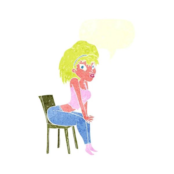 Cartoon Vrouw Poseren Stoel Met Spraak Zeepbel — Stockvector