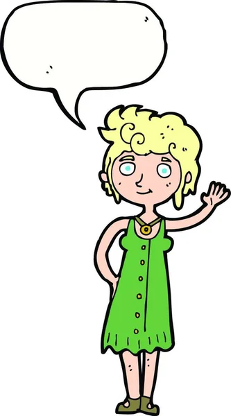 Cartoon Hippie Frau Winkt Mit Sprechblase — Stockvektor
