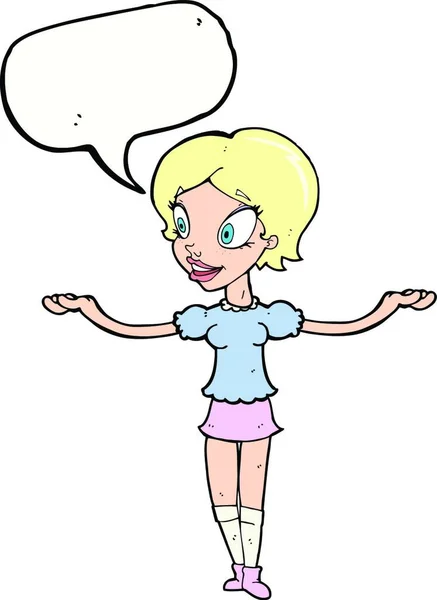 言葉の泡で腕を広げた漫画の女性 — ストックベクタ