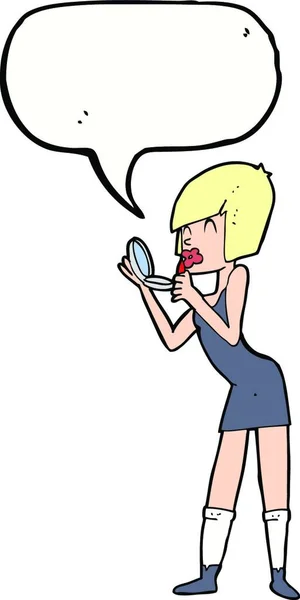 Cartoon Vrouw Van Toepassing Lippenstift Met Spraakzeepbel — Stockvector