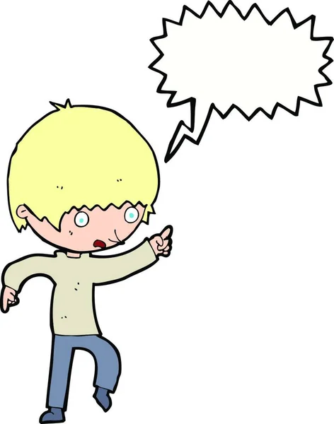 Karikatur Besorgter Junge Zeigt Mit Sprechblase — Stockvektor