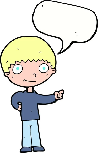 Karikatur Glücklicher Junge Zeigt Mit Sprechblase — Stockvektor