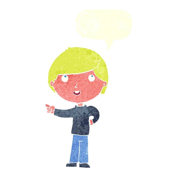 Γελοιογραφία Αγόρι Δείχνοντας Συννεφάκι Λόγου — Διανυσματικό Αρχείο