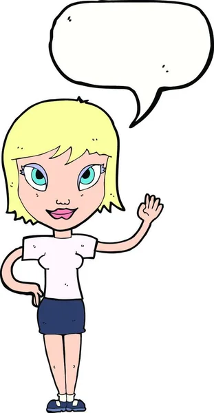 Cartoon Mulher Acenando Com Bolha Fala —  Vetores de Stock