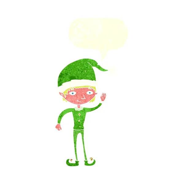 Dessin Animé Agitant Elfe Noël Avec Bulle Parole — Image vectorielle