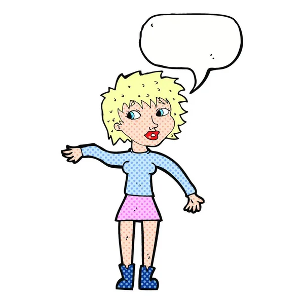 Mujer Amigable Dibujos Animados Ondeando Con Burbuja Del Habla — Vector de stock