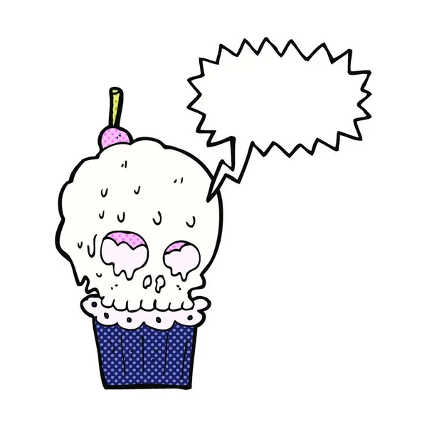 Karikatura Strašidelný Lebka Cupcake Bublinou Řeči — Stockový vektor