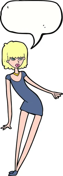 吹き出しで傾いているドレスを着た漫画女性 — ストックベクタ