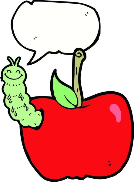 Manzana Dibujos Animados Con Insecto Con Burbuja Habla — Vector de stock