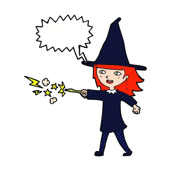 Cartoon Witch Girl Casting Spell Speech Bubble — Stock Vector