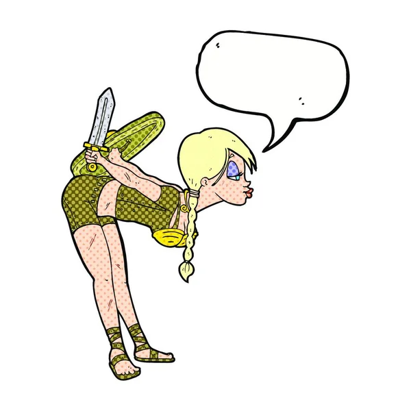 Karikatur Wikingermädchen Verneigt Sich Mit Sprechblase — Stockvektor