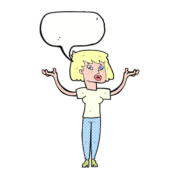Wanita Kartun Mengangkat Tangan Dengan Gelembung Bicara - Stok Vektor