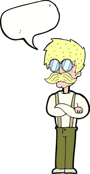 Desenho Animado Hipster Homem Com Bigode Óculos Com Bolha Fala —  Vetores de Stock