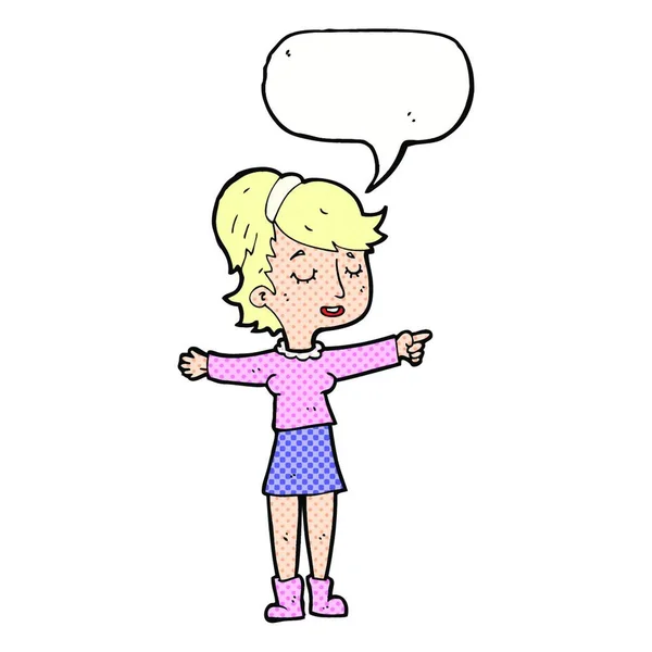 Karikatür Mutlu Kadın Konuşma Balonu Ile Işaret — Stok Vektör