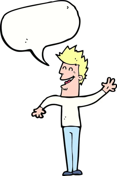 Karikatur Glücklicher Mann Winkt Mit Sprechblase — Stockvektor