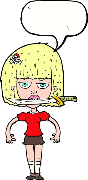 吹き出しで歯間ナイフで漫画女性 — ストックベクタ
