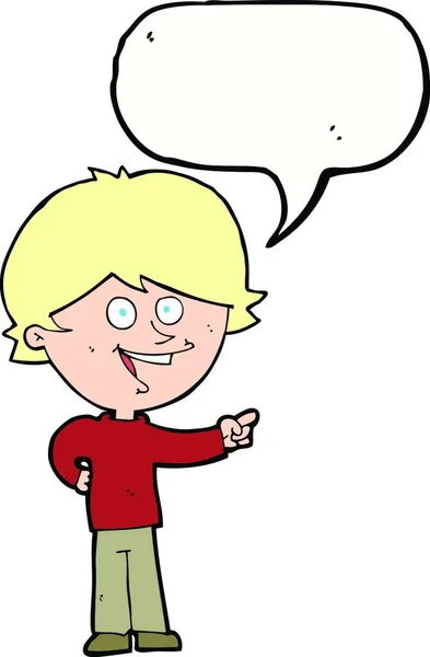 Καρτούν Αγόρι Γέλιο Και Δείχνοντας Φούσκα Ομιλία — Διανυσματικό Αρχείο