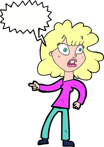 Cartoon Worried Woman Pointing Speech Bubble — Stock Vector