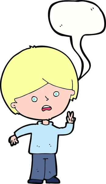 Cartoon Ongelukkige Jongen Geven Vrede Teken Met Spraak Zeepbel — Stockvector