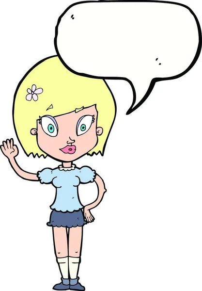 Cartoon Mooi Meisje Zwaaien Met Spraak Zeepbel — Stockvector