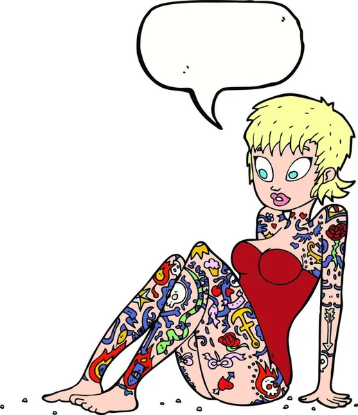 Desenho Animado Tatuagem Menina Maiô Com Bolha Fala — Vetor de Stock