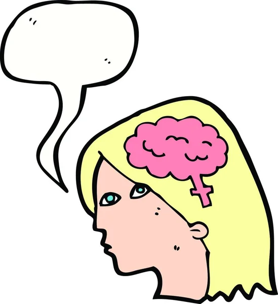 Kepala Wanita Kartun Dengan Simbol Otak Dengan Gelembung Ucapan - Stok Vektor