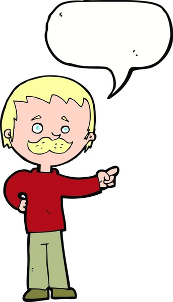 Dessin Animé Homme Avec Moustache Pointant Avec Bulle Parole — Image vectorielle