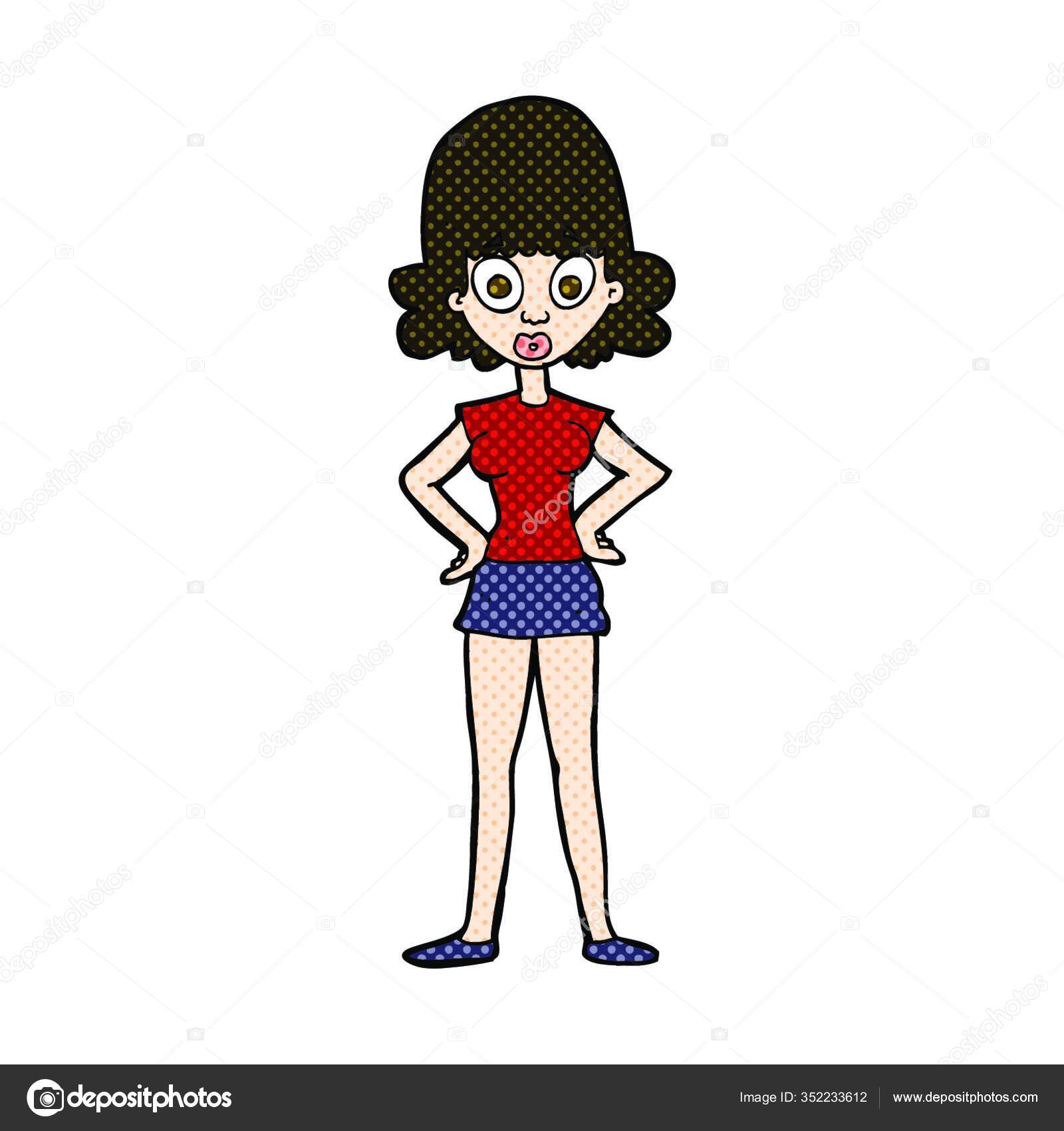 Retro Comic Style Cartoon Surprised Woman Векторное Изображение.