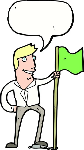 Cartoon Man Planten Vlag Met Spraakzeepbel — Stockvector