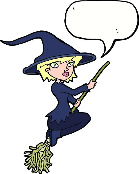 Cartoon Witch Riding Broomstick Speech Bubble — Stock Vector