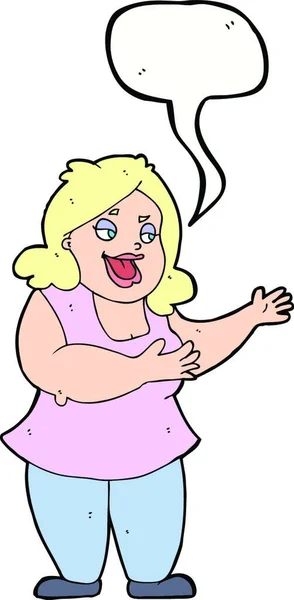 Karikatur Glückliche Dicke Frau Mit Sprechblase — Stockvektor