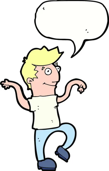 Cartoon Gelukkig Man Doen Grappig Dansen Met Spraak Zeepbel — Stockvector