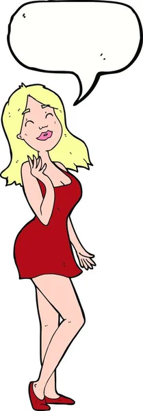 Karikatur Hübsche Frau Cocktailkleid Mit Sprechblase — Stockvektor