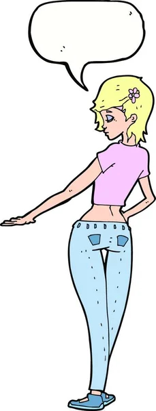 Desenho Animado Menina Bonita Jeans Com Bolha Fala — Vetor de Stock