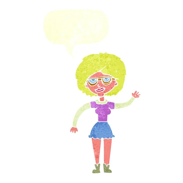 Cartoon Viftande Kvinna Som Bär Glasögon Med Pratbubblan — Stock vektor