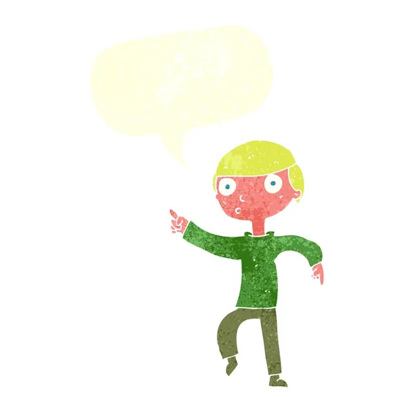 Γελοιογραφία Αγόρι Δείχνοντας Συννεφάκι Λόγου — Διανυσματικό Αρχείο