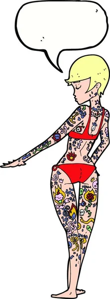 Bikini Dibujos Animados Chica Cubierta Tatuajes Con Burbuja Del Habla — Vector de stock