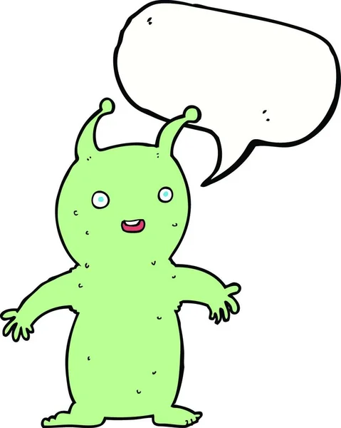Karikatur Glückliches Kleines Alien Mit Sprechblase — Stockvektor