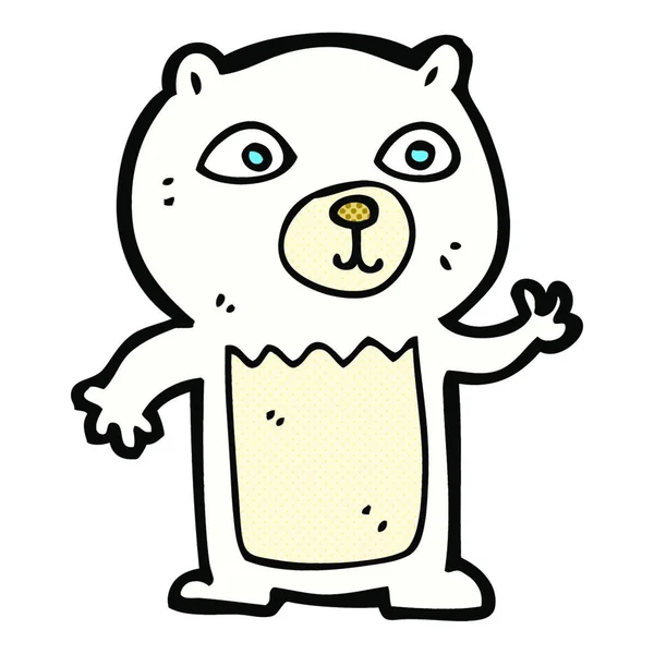 Retro Comic Book Style Cartoon Waving Polar Bear Cub — Stock Vector