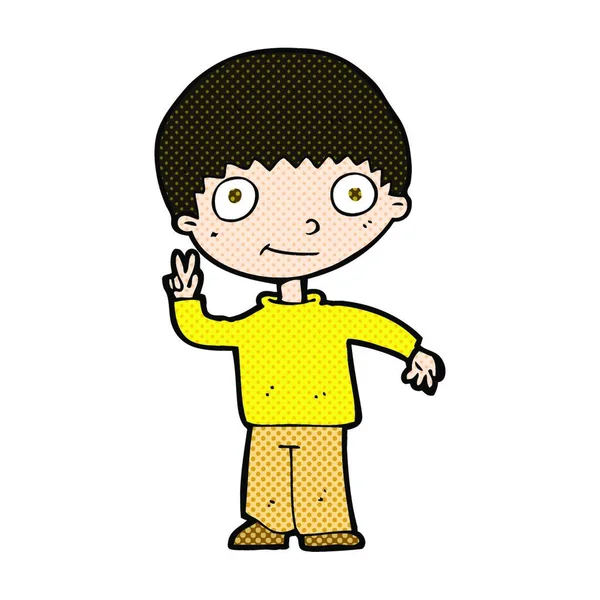 Retro Comic Style Cartoon Boy Giving Peace Sign — стоковый вектор