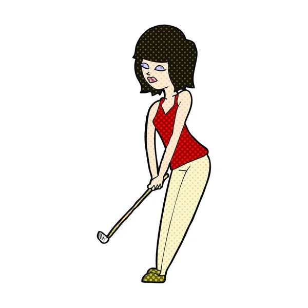 Retro Stripverhaal Stijl Cartoon Vrouw Spelen Golf — Stockvector