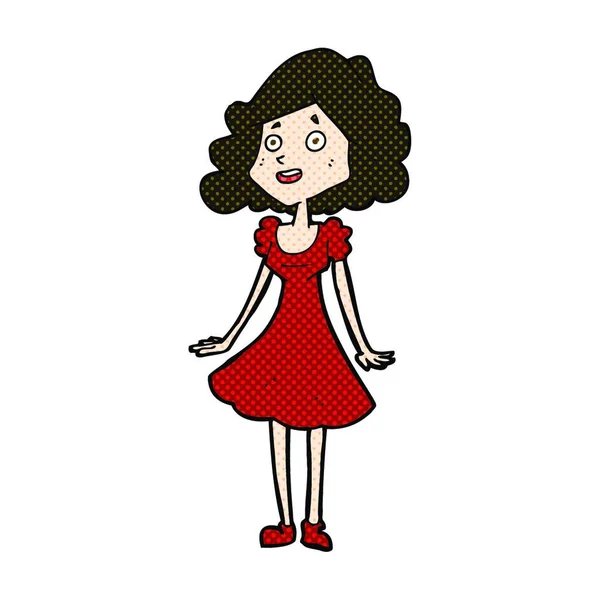 Retro Comic Style Cartoon Happy Woman Dress — стоковый вектор