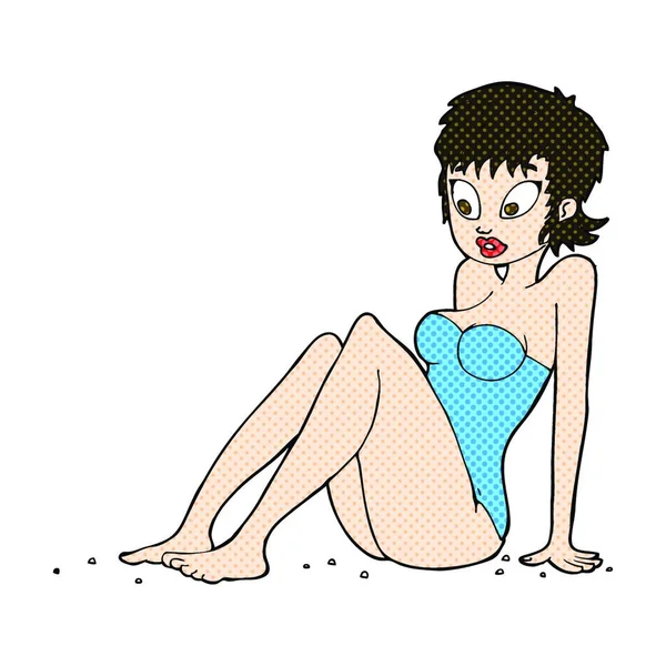 Retro Comic Book Style Cartoon Woman Swimsuit — Stock Vector